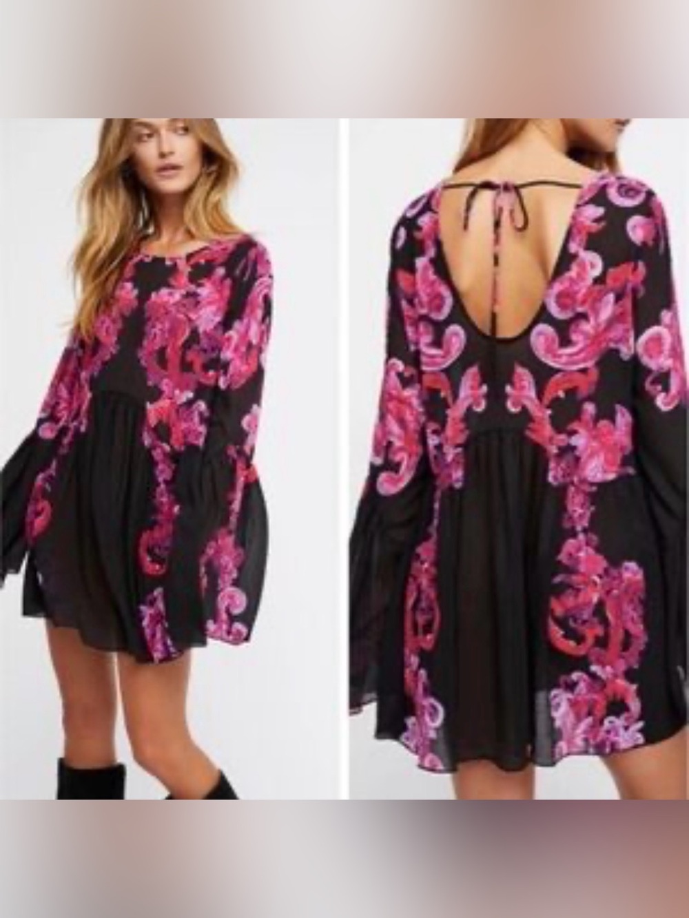 Intimately Free People Medium Boho Floral Open Back Mini Dress Bell Sleeve